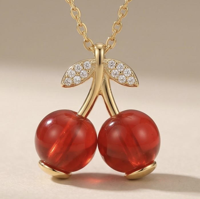 Cute Red Cherries golden handmade necklace - photo 3