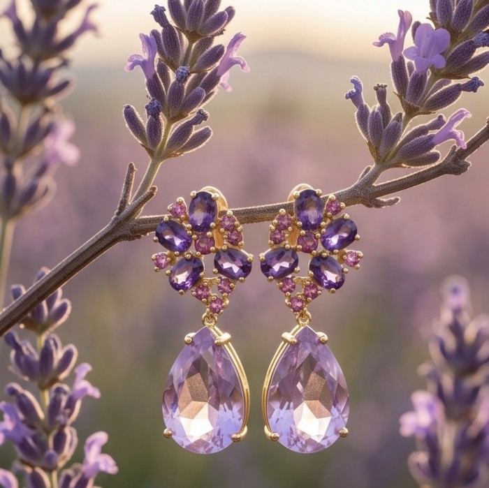 Lavender Beauty authentic 11.2 carat Amethyst 22K Gold over .925 Sterling Silver handcrafted earrings - Amethyst drop earrings on lavender branch, close-up view.
