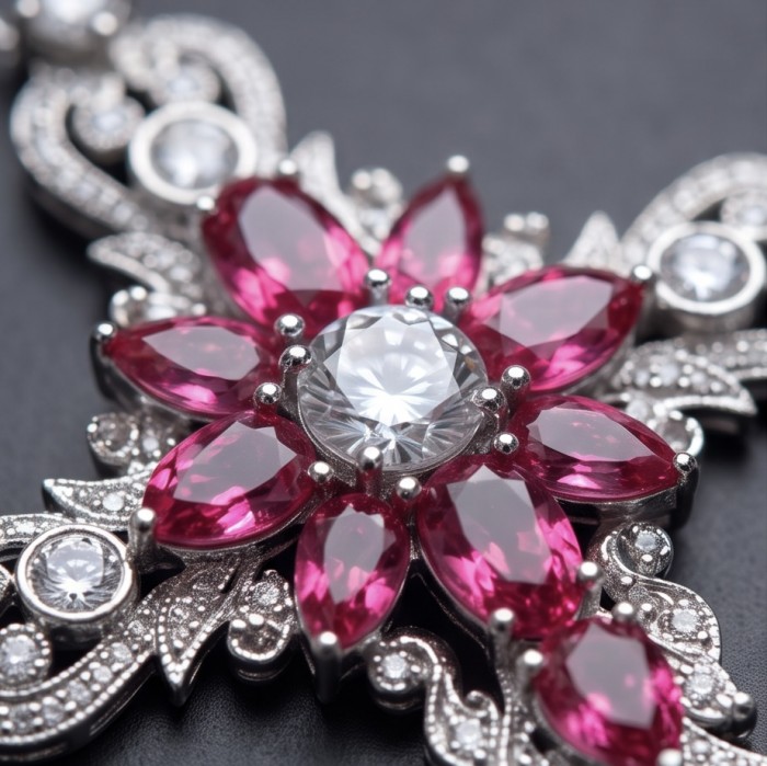 Precious Cross Genuine 14.2 carat Garnet rhodium over .925 Sterling Silver handmade necklace - Close-up of garnet and silver cross pendant with intricate design