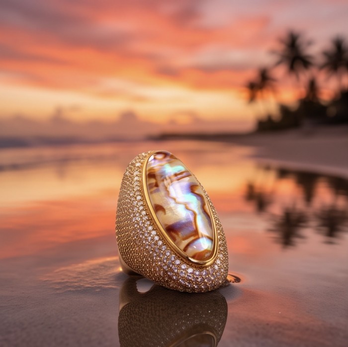 Large Genuine Rainbow Abalone lab. grown Diamond 18K Gold over .925 Sterling Silver handcrafted Large ring; s. 7 - Side view of a gold ring with abalone and lab-grown diamonds at sunset.