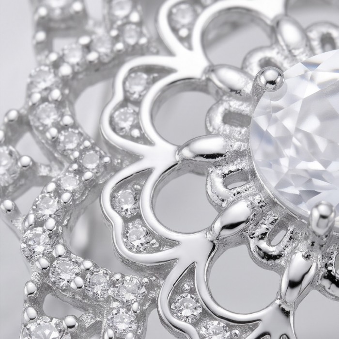 Luxurious - 6.2 carat White Topaz Sterling Silver handcrafted ring size 9 - Close-up of intricate sterling silver and white topaz jewelry design.