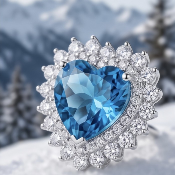 Heartes 6.7 carat Swiss Blue Topaz .925 Sterling Silver Handcrafted earrings - Close-up of Heartes 6.7ct Swiss Blue Topaz with diamond halo.
