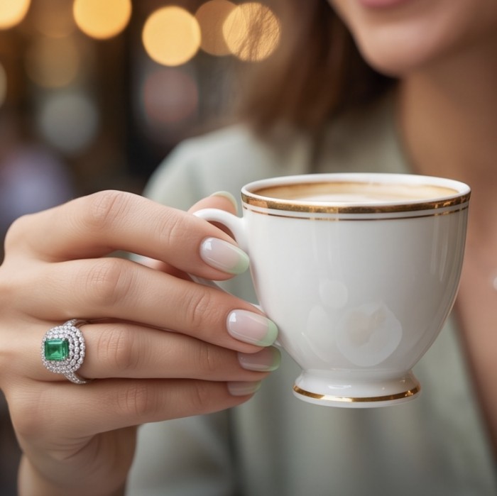 Elizabeth asscher cut 7.8 carat Colombian Emerald 8.2 carat Moissanite .925 Sterling Silver dipped in Rhodium handcrafted Ring size 8 - Emerald ring worn on hand holding a cup with gold trim