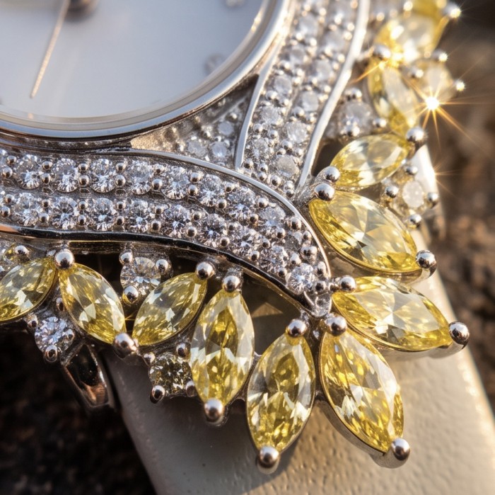 Precious 10.5 carat Authentic yellow Sapphire Genuine Leather strap .925 Sterling Silver handmade Watch - Close-up of yellow sapphire and diamond detail on luxury watch