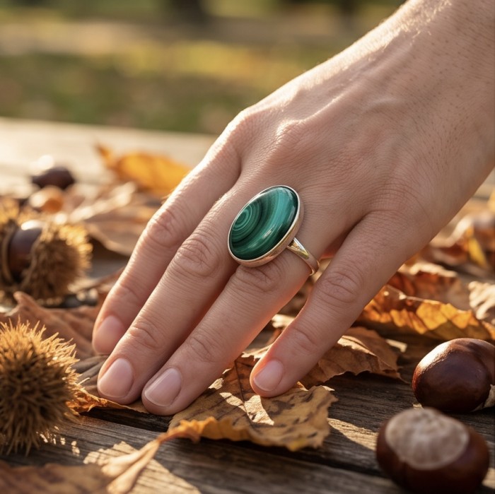 Green River 33.2 CARAT genuine Malachite from Utah .925 Sterling Silver handcrafted ring size 8 adjustable - Malachite ring worn on hand with autumn leaves background.