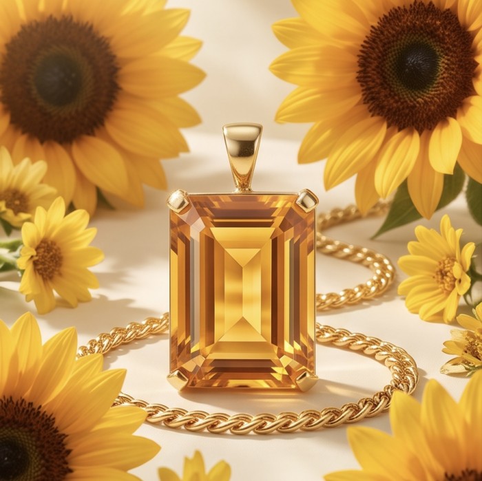Baquette cut 28.4 carat Lemon Quartz 18K Gold over .925 Sterling Silver handcrafted pendant - Close-up of baguette cut lemon quartz pendant with sunflowers.