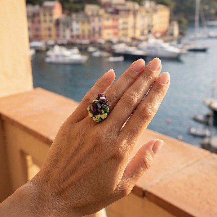 Lucky Frog 18 carat Amethyst Enamel black rhodium over .925 Sterling Silver HUGE Ring s. 8 3/4 - Lucky Frog ring with amethyst and enamel, worn on hand by the seaside.