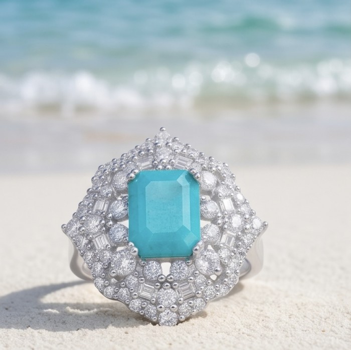 Elizabeth 5.2 carat Colombian Emerald .925 Sterling Silver dipped in Rhodium handcrafted Ring size 7 - Close-up of Elizabeth emerald ring on sandy beach background