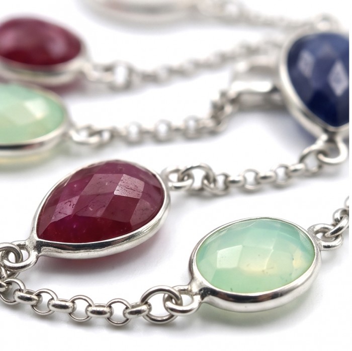 Emily 30 inches Natural authentic Multigems .925 Sterling Silver handmade Station Necklace - Close-up of Emily multigem necklace in sterling silver.