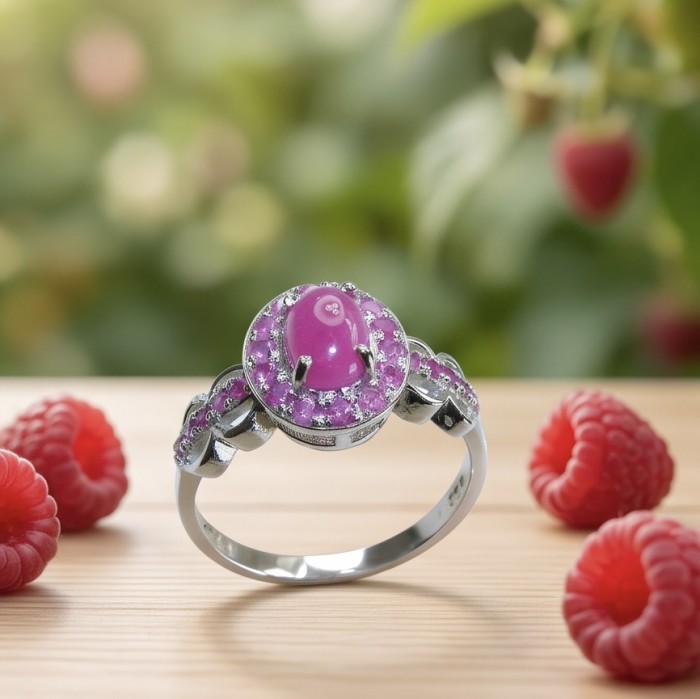 Scarlett 3.7 ctw Mozambique Ruby .925 Sterling Silver handcrafted Statement Ring size 9 - Close-up of Scarlett ruby ring on wood with raspberries in background.