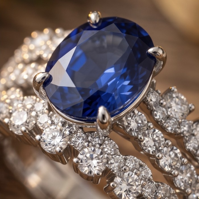Classy design- 4.2 carat natural Sapphire .925 Sterling Silver Perfectly handcrafted Ring s. 7 - Close-up of 4.2 carat sapphire ring with diamond accents