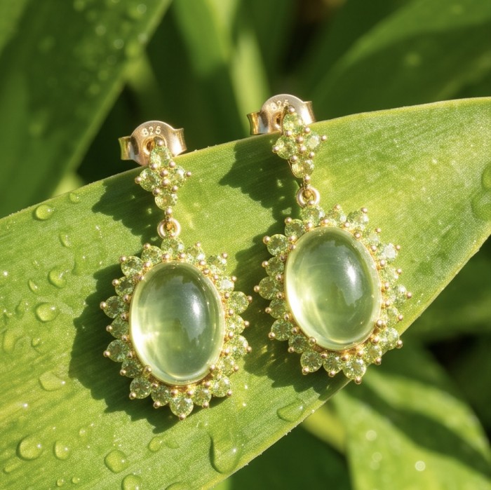 Wise Bliss Authentic 10.5 carat Prehnite 3.2 carat Peridot 22k Gold over .925 Sterling Silver handmade earrings - Green gemstone earrings close-up on dewy leaves.