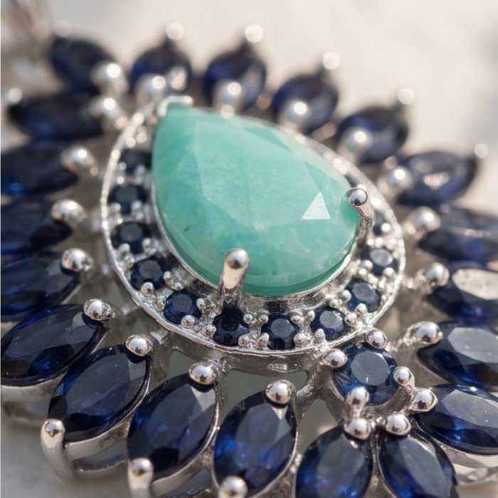 Amazonia - 18.8 carat Colombian Emerald .925 Sterling Silver handmade Statement pendant - Close-up of Amazonia pendant with emerald and sapphire stones.
