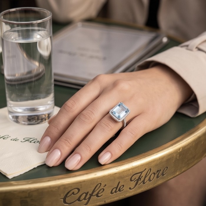 Angelina 10.9 carat authentic Aquamarine .925 Sterling Silver Handcrafted Ring size 7 - Aquamarine ring worn on hand, close-up with Cafe de Flore decor in view.