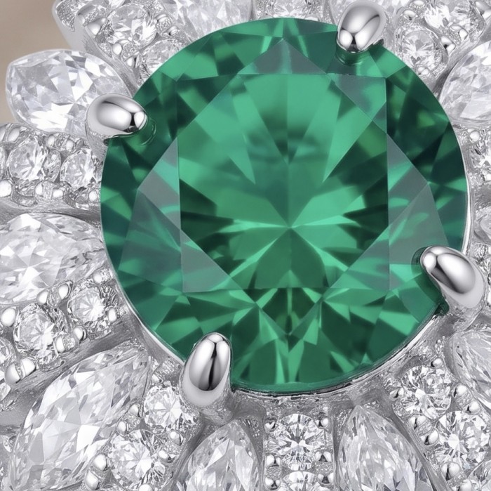Estelle - Authentic 10.6 carat COLOMBIAN EMERALD .925 Sterling Silver dipped in rhodium handcrafted Ring size 6 1/4 - Close-up of Colombian emerald with diamond accents in sterling silver.
