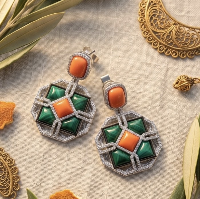 Art Deco Genuine Orange Fossilized Coral Malachite rhodium over .925 Sterling Silver handmade earrings - Art Deco earrings with coral and malachite, top-down view.