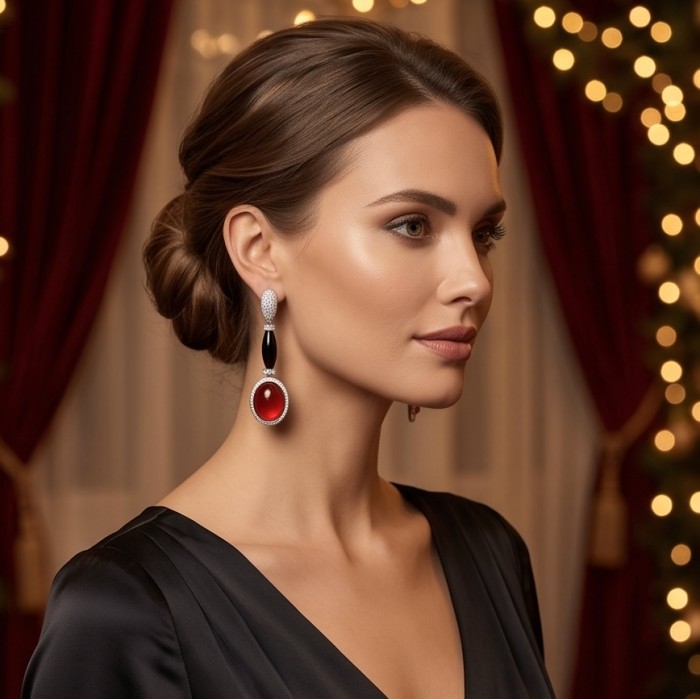 Art Deco - Extravaganza - 15.8 ctw Ruby Rhodium over .925 Sterling Silver handcrafted Statement handcrafted earrings - Side view of Art Deco earrings worn, featuring 15.8 ctw ruby stones.