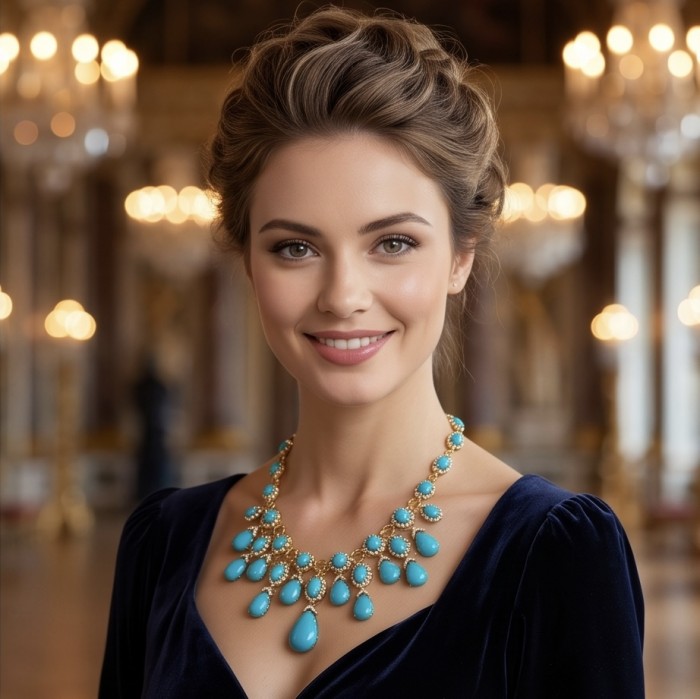 Blue Dreamland - Luxurious stabilized Turquoise 18K Gold over .925 Sterling Silver handmade Statement necklace - Woman wearing Blue Dreamland necklace, elegant setting, front view.