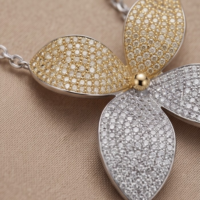 Precious Leaves 4.2 carat pave White Golden Topaz .925 Sterling Silver Handcrafted Necklace - Close-up of Precious Leaves Topaz pendant on beige background
