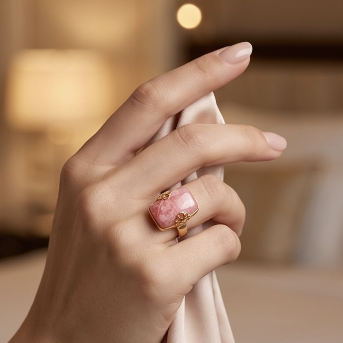 Large top quaity Argentinian Rhodochrosite 18K Gold over .925 Sterling Silver handmade ring size 8 ADJUSTABLE - Rhodochrosite ring in 18K gold worn on hand, close-up view.