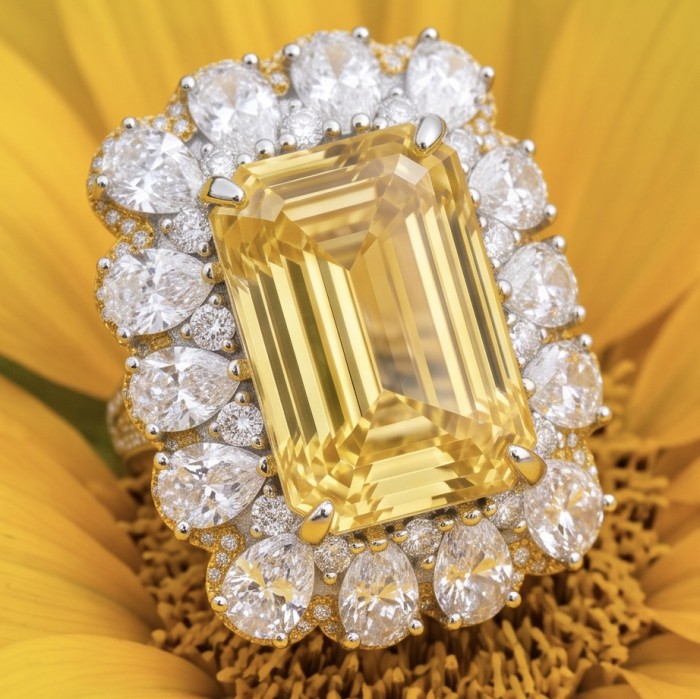 Wearable Art - Art Deco - Solid baquette cut 25.8 carat Genuine Yellow Sapphire 18K Gold over .925 Sterling Silver handcrafted ring size 6 - Close-up of Art Deco ring with 25.8 carat baguette-cut yellow stone
