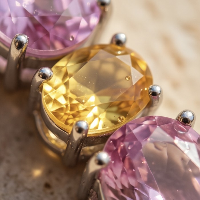 Incredible pear cut 25.5 carat Pink Topaz Rhodium over .925 Sterling Silver handcrafted Statement earrings - Close-up of pink topaz and yellow gemstone in prong setting.