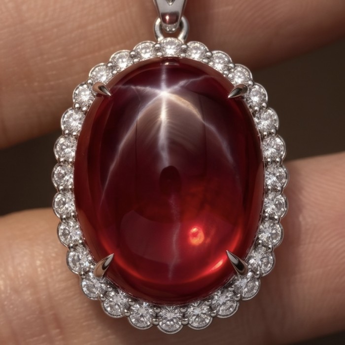 Rare finding! Deluxe 145.2 carat authentic Kashmir Star Ruby rhodium over .925 Sterling Silver handmade Statement Pendant - Close-up of a Kashmir Ruby pendant with diamond accents on fingers