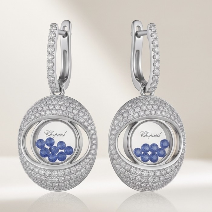 Floating Memories 11.5 carat Sapphire .925 Sterling Silver Handcrafted Statement earrings - Diamond and sapphire earrings, front view, Chopard branding visible.