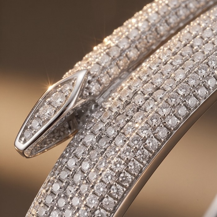 Nail 4.8 carat pave White Topaz rhodium over .925 Sterling Silver Bangle highly polished bracelet - Close-up of pave white topaz and rhodium bracelet detail.