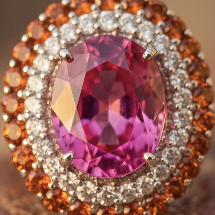 Anastasia 28.2 carat Pink Sapphire 1.8 carat Ruby 1.4 carat Moissanite .925 Sterling Silver dipped in Rhodium Handcrafted Statement Ring size 8 - Close-up of Anastasia 28.2 carat pink sapphire with ruby and diamond halo