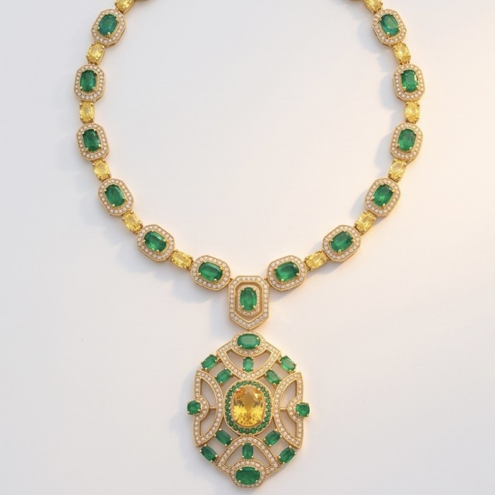 Art Deco - Pacifica - 29.4 carat Citrine Chrome Diopside .925 Sterling Silver handmade Statement necklace; 16 inches long - Necklace with emerald and citrine stones, top view