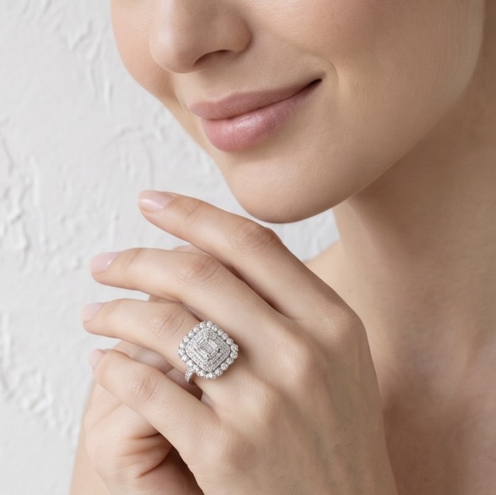 Art Deco Luxurious 6.5 carat White Topaz .925 Sterling Silver ring size 7 1/4 - Close-up of Art Deco ring worn on hand, luxurious white topaz design.