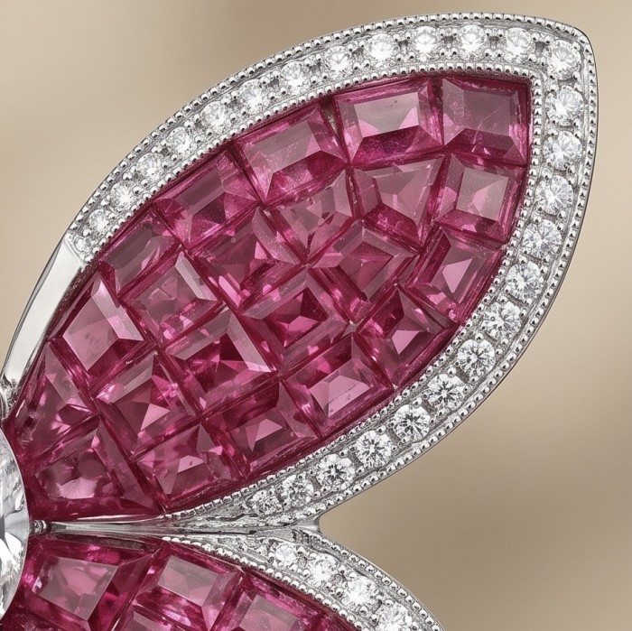 Real Beauty natural 22.5 CARAT Ruby Butterflies .925 Sterling Silver Large handcrafted earrings - Close-up of ruby and diamond detail on butterfly jewelry piece.