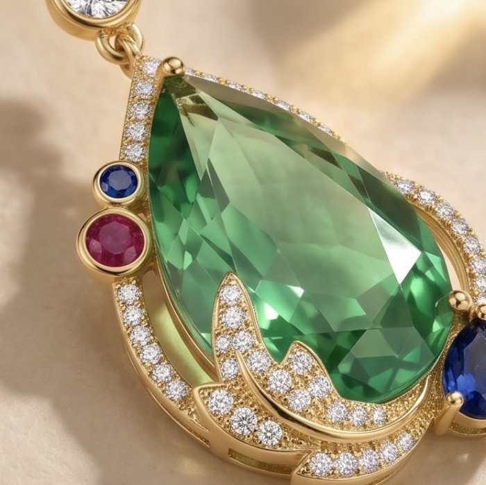Floral design - 24.5 carat Green Topaz 14K Gold over .925 Sterling Silver handmade Statement earrings - Close-up of floral-designed green topaz pendant with colorful gemstones