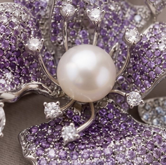 Black Label Collection - Retro Style - Rose Genuine Pearl 7.5 carat pave Amethyst .925 Sterling Silver dipped in rhodium handmade Pendant - Brooch - Close-up of Black Label Collection rose jewelry with pearl and diamonds.