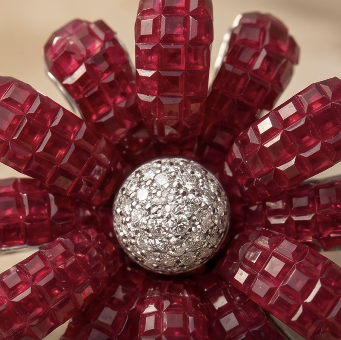 Giuseppina - mystery setting 9.8 carat authentic Mozambique Ruby .925 Sterling Silver handcrafted Statement earrings - Stone close-up of Giuseppina jewelry, red and silver detail.