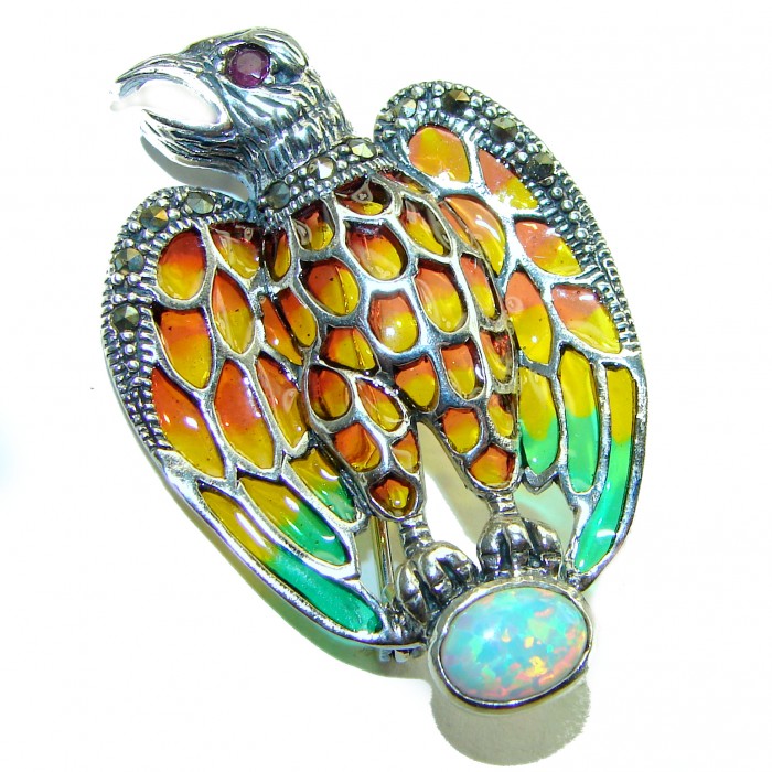 Natural Enamel Eagle Australian Opal .925 Sterling Silver Brooch Pendant Brooch - photo 2
