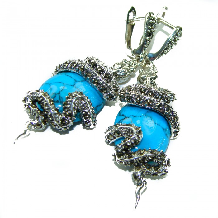 Snakes Great authentic inlay Turquoise .925 Sterling Silver handcrafted Earrings - photo 3