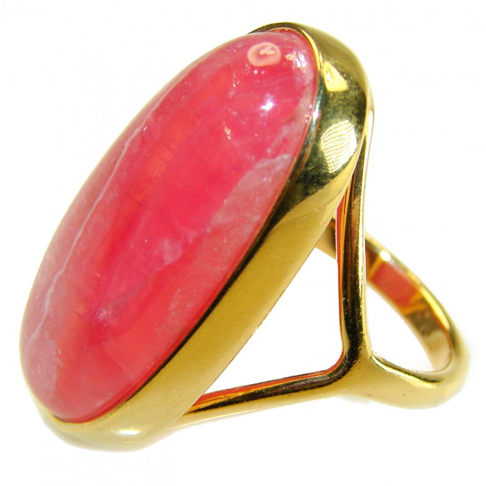 Large top quaity Argentinian Rhodochrosite 18K Gold over .925 Sterling Silver handmade ring size 7 1/2 - Side view of large Argentinian Rhodochrosite in 18K gold ring.