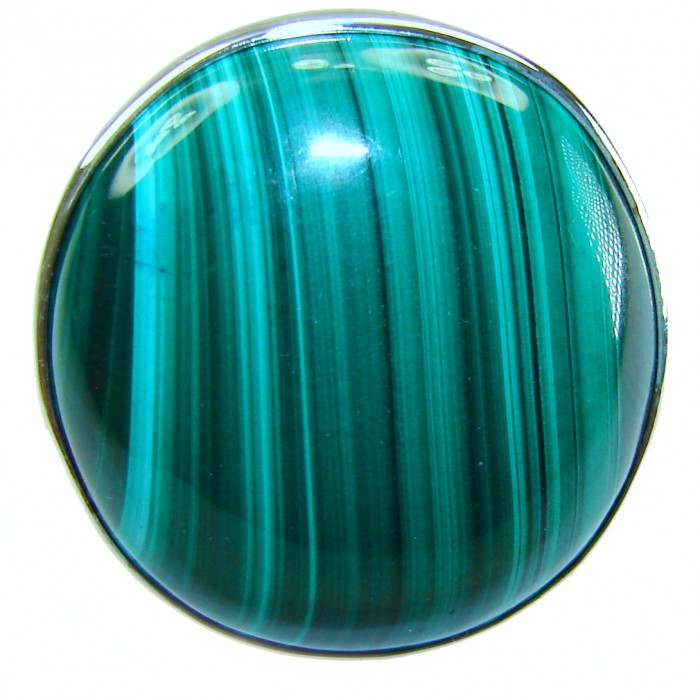 The best quality 32.2 CARAT genuine Malachite .925 Sterling Silver handcrafted ring size 7 adjustable - Close-up of genuine Malachite stone in .925 Sterling setting.