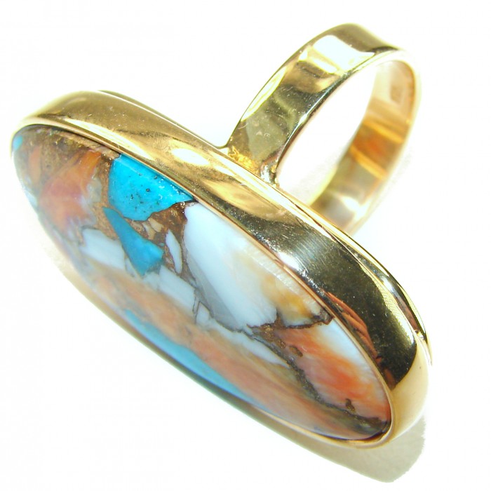 Rare 30.5 carat Oyster Turquoise 18K Gold over .925 Sterling Silver handcrafted Large ring; s. 8 adjustable - Close-up of rare Oyster Turquoise ring set in 18K gold over sterling silver