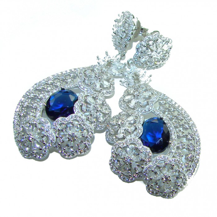 Special design! Opera - Precious - 11.8 carat Sapphire .925 Sterling Silver handcrafted Statement earrings - Close-up of opera-style earrings with 11.8 carat sapphire and floral design.