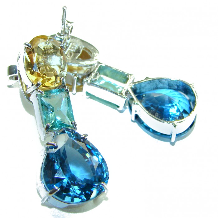 Atlantica 18.7 carat Swiss Blue Topaz .925 Sterling Silver Handcrafted Statement earrings - Topaz and silver drop earrings, stone close-up.