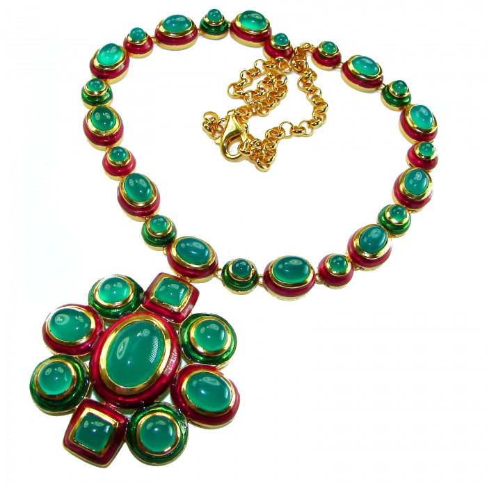 Authentic 155.8 carat Jade red Enamel .925 Sterling Silver dipped in real 18K Gold over handcrafted necklace - Green jade and red enamel necklace, front view.