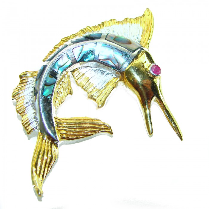 Precious Fish Natural Rainbow Abalone Ruby 14K Gold over .925 Sterling Silver handmade Pendant Brooch - Fish brooch side view with abalone and ruby, 14K gold detailing