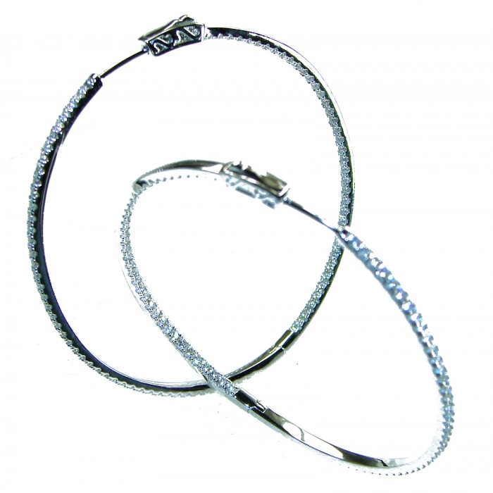 Allure inside-out Natural 8.2 carat White Topaz .925 Sterling Silver handcrafted hoop earrings 2 1/4 inch long - Side view of Allure inside-out white topaz sterling silver hoops
