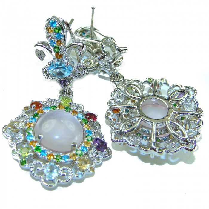 Celtic Spirit authentic fancy cut 22.5 carat Rose Quartz .925 Sterling Silver handcrafted Statement earrings - Fancy cut rose quartz earrings, front and back view with intricate details