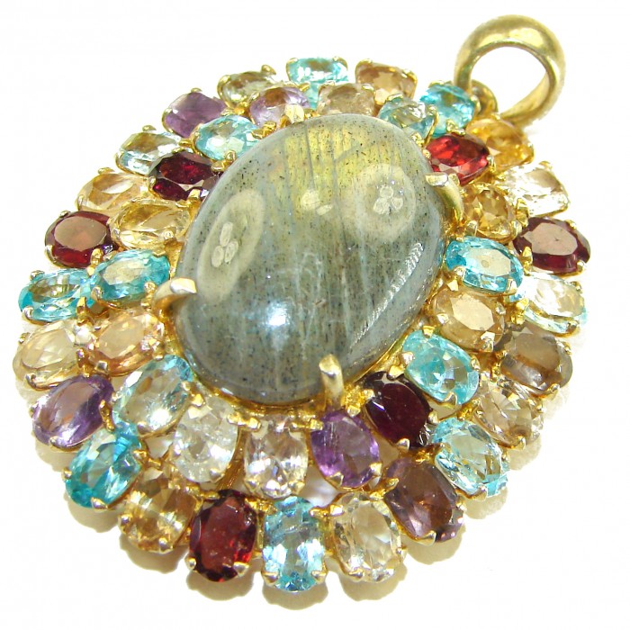 Magical Aurora 55.5 carat Fire Labradorite .925 Sterling Silver dipped in 14K Gold handcrafted Pendant - Close-up of the Magical Aurora 55.5 ct Fire Labradorite pendant