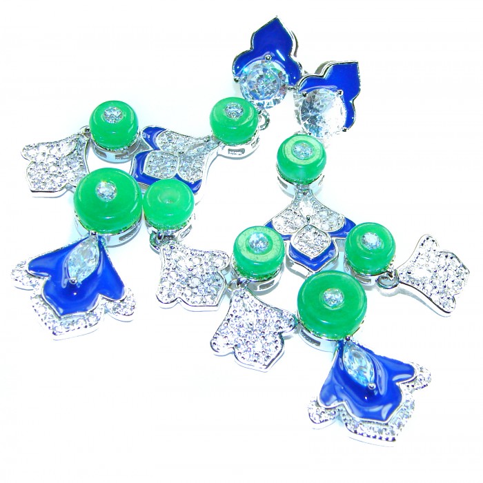 Art Deco - 8.8 carat Jade coral lapis lazuli enamel .925 Sterling Silver handmade Statement LONG Earrings - Art Deco jade, lapis lazuli, and enamel jewelry in a top view.