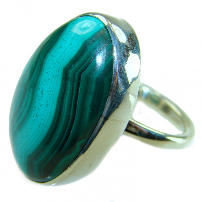 Green River 30.2 CARAT genuine Malachite from Utah .925 Sterling Silver handcrafted ring size 8 adjustable - Close-up of genuine Malachite stone in silver ring setting